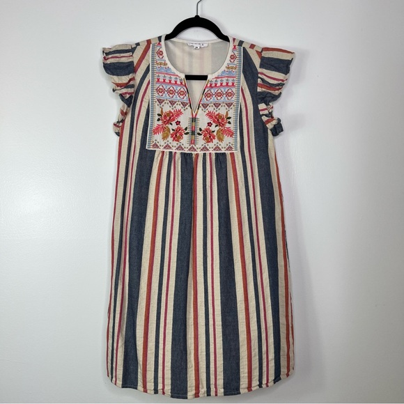 THML Linen Blend Sleeveless Floral Embroidered Boho Babydoll Dress Womens XS - Picture 1 of 10